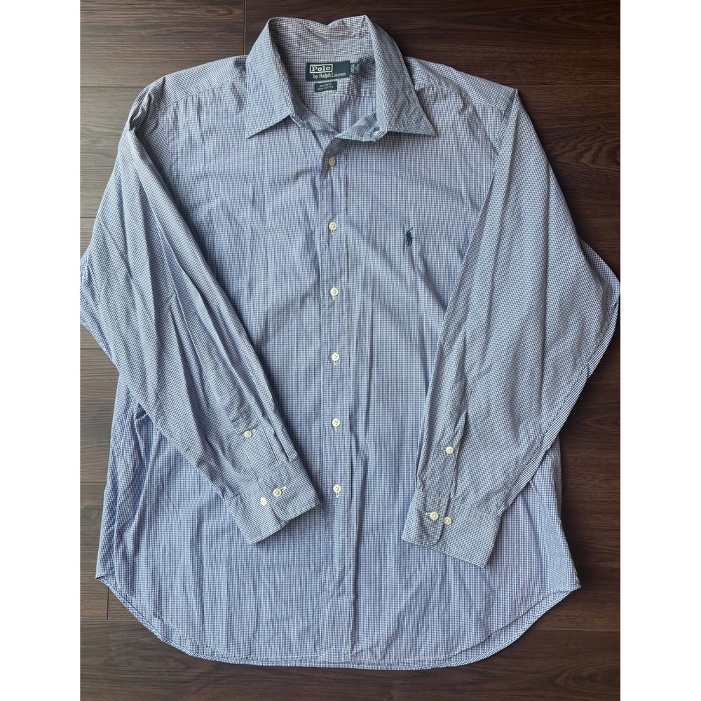 Polo Ralph Lauren Andrew Shirt Mens 17 34/35 Blue Gingham Cotton Button Down